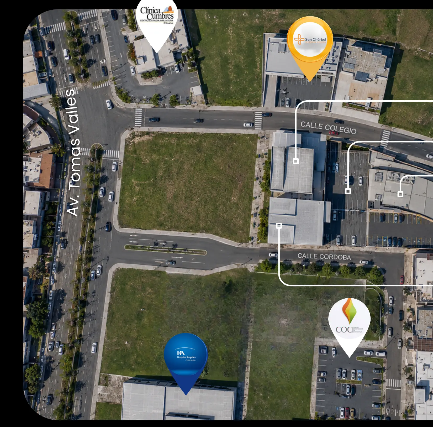 Vista aérea del complejo Rönten con los hospitales y clínicas cercanos